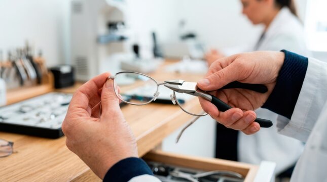 Optician adjusting prescription glasses with precision pliers to align the frame and ensure a comfortable fit for the patient.