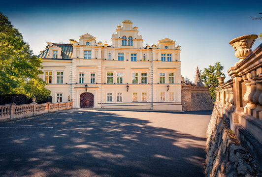 Adorable evening view of Doubi castle. Stunning summer cityscape of Doubi, town between the Slavkov Forest and the Ohre River, Czech Republic, Europe.