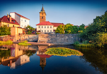 Obraz premium Splendid summer view of the tower of Gallery Vetengl. Calm morning cityscape of Plzen town, western Czech Republic region, Europe. Traveling concept background.