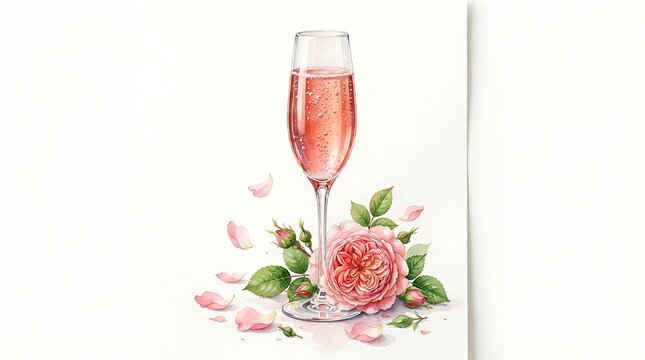 Watercolor illustration of a glass of sparkling rose wine with pink roses isolated on white background