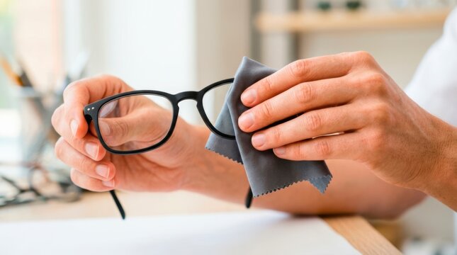 Optician polishing prescription glasses with a microfiber cloth to remove dust and fingerprints before fitting them for a patient.