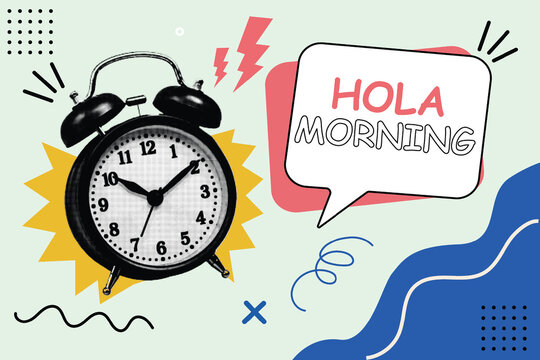 Halftone Pop Art Collage with Ringing Alarm Clock and Speech Bubble. Hola, Morning Typography for Wake Up and Good Morning Concept. Retro Comic Style Illustration
