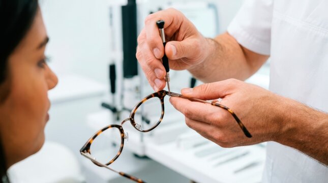 Optical specialist tightening a screw on an eyeglass hinge to repair the frame and ensure a stable, comfortable fit for the patient.