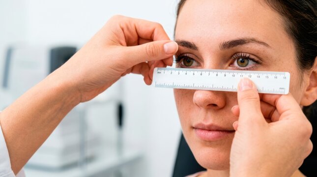 Optometrist measuring a female patient&rsquo;s pupillary distance with a ruler to ensure accurate centering and fitting of prescription glasses.