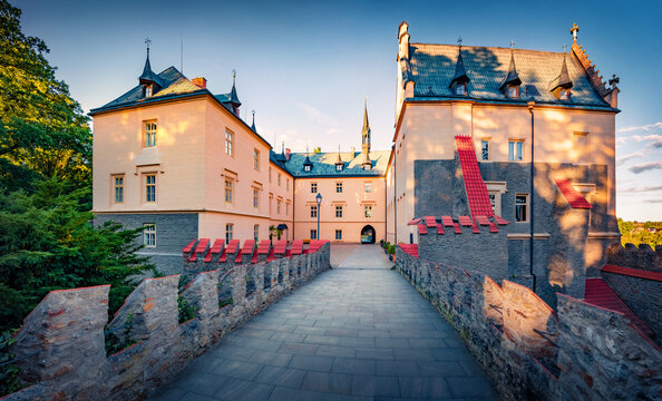 Amazing morning view of Zruc nad Sazavou Castle. Colorful summer cityscape of Zruc nad Sazavou town, Kutna Hora District, Central Bohemian Region, Czech Republic, Europe. Traveling concept background.