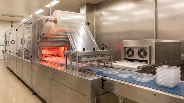 Industrial food packaging machine with plastic roll and conveyor belt, sealing empty plastic containers in a stainless steel facility