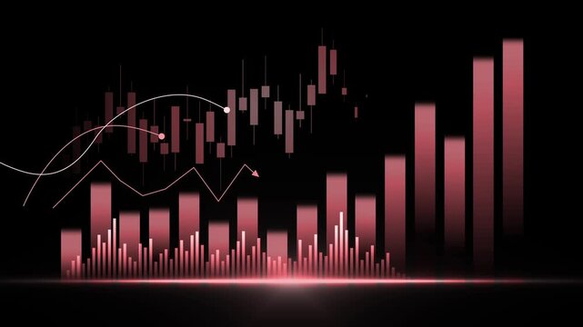 Financial chart background with rising bar graph and candlestick market data showing growth profit and upward trend animation