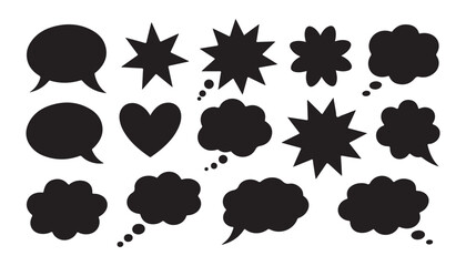 Naklejka premium Black speech bubbles, thought bubbles, hearts, and star shapes for comic and design elements.