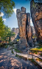 Amazing summer view of popular tourist attraction - Tiske steny, biking, hiking and rock climbing offered in a picturesque alpine region with sandstone formations, Tisa village, Czech Republic.  © Andrew Mayovskyy