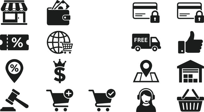E-commerce retail shopping and online business black glyph icons set for market delivery payment discount and customer service vector