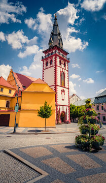 Vertical morning view of City Tower Chomutov. Exciting summer cityscape of Chomutov town, Usti nad Labem Region, Czech Republic, Europe. Traveling concept background.