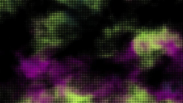 Abstract digital halftone background with vibrant green and purple gradient smoke shapes on dark artistic texture