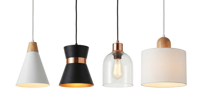 Set of four modern pendant lights isolated on transparent background
