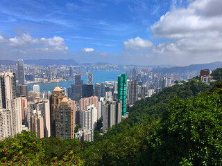 Obraz premium The beautiful green hill, vibrant Hong Kong cityscape, and Victoria Harbour under a bright blue sky