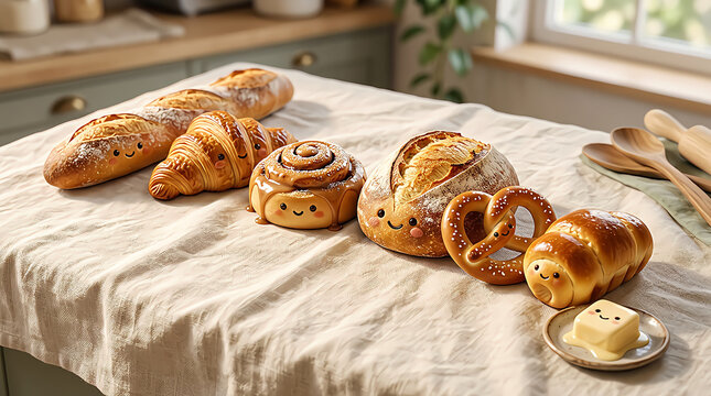 Cute cartoon bread and bakery items with happy faces sitting on a kitchen table