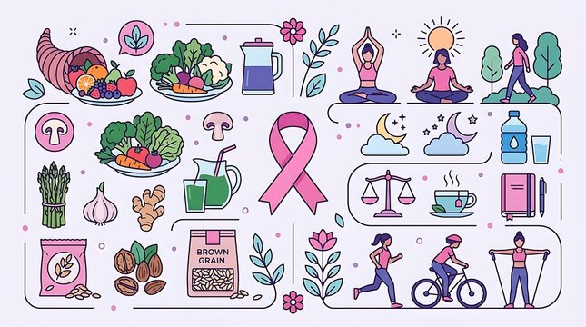 Breast cancer awareness pink ribbon with healthy lifestyle icons