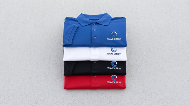Folded colorful polo shirts stack mockup flat lay with embroidered ocean wave circle logo