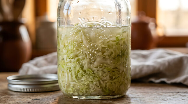 Glass jar filled with fermented shredded cabbage and brine for making homemade sauerkraut fermented homemade probiotics preservation nutrition