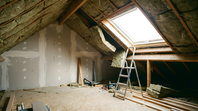 Attic Space Under Renovation with Thermal Insulation and Roof Skylight Window | Unfinished Loft Conversion Featuring Mineral Wool Insulation and Drywall Walls | Attic Room Construction with Exposed 