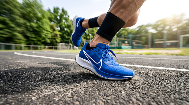 Runner's Legs in Motion Wearing Bright Blue Running Shoes on Athletic Track | Close-Up Action Shot of Blue Sneakers Running on Asphalt Track Surface | Sprinter Running Fast on Outdoor Track Wearing 