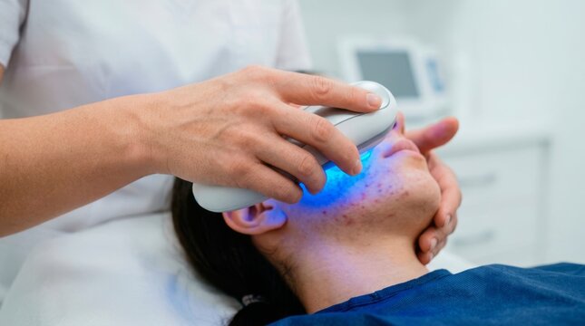 Healthcare specialist using a blue light therapy device on a patient&rsquo;s face to treat acne, reduce inflammation, and improve skin condition.