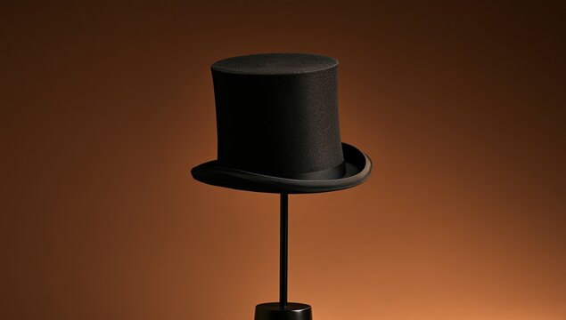 Classic black silk top hat on a display stand against a warm, gradient background