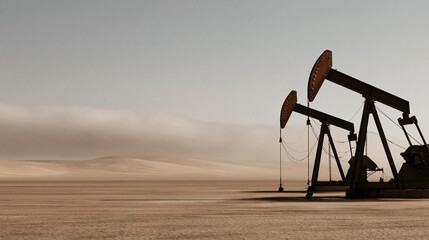 Naklejka premium Row of orange pumpjacks nodding across a dry oilfield under a dusty sky, featuring weathered metal and cracked ground for energy market content