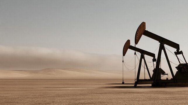 Row of orange pumpjacks nodding across a dry oilfield under a dusty sky, featuring weathered metal and cracked ground for energy market content