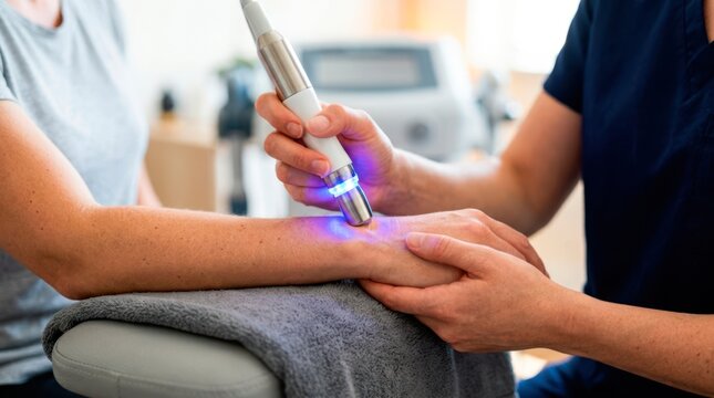 Physiotherapist applying low-level laser therapy to a patient&rsquo;s wrist to reduce joint inflammation, relieve pain, and promote healing.