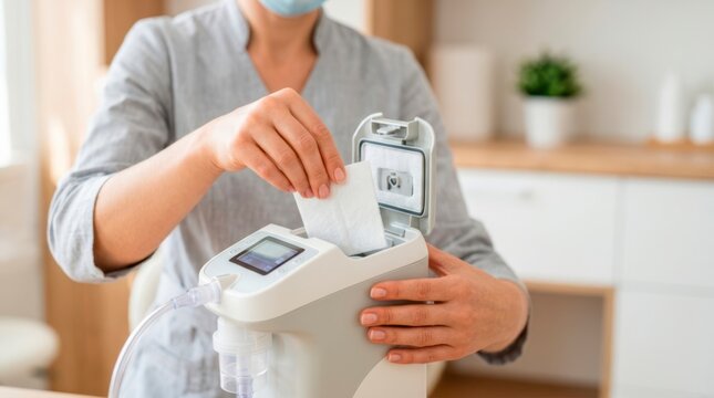 Clinician replacing a filter in a compressor nebulizer to prepare the respiratory device for safe and effective inhalation therapy.