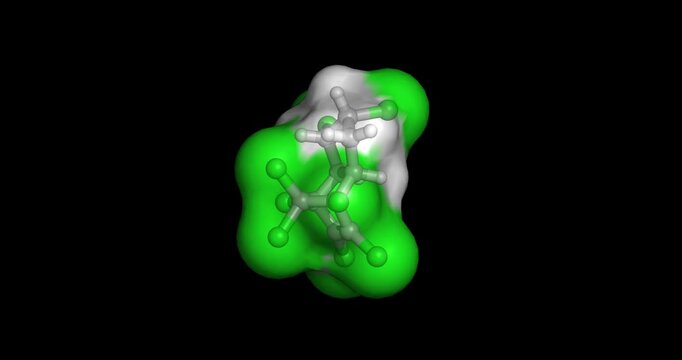 Chlordane, persistent organochlorine insecticide and environmental pollutant formerly used for termite control and crop protection, 3D molecule spinning, 4K