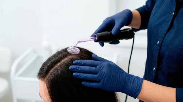 Specialist performing scalp electrotherapy with a glass electrode to stimulate circulation and support professional hair loss treatment.