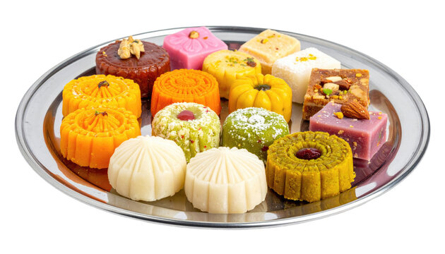 A close-up image of a shiny, metallic platter filled with an assortment of colorful, bite-sized sweets, beautifully arranged