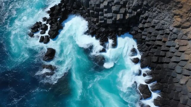 Ocean waves crash dynamically against black volcanic basalt columns on a rugged coastline, creating brilliant white sea foam against the vivid turquoise water from an aerial viewpoint.