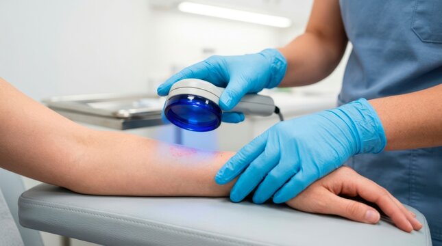 Nurse applying blue light phototherapy to a patient&rsquo;s forearm for noninvasive skin care, inflammation reduction, and tissue healing.