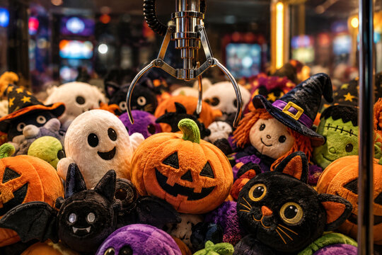 Halloween Plush Toys Inside Claw Machine with Pumpkins, Ghosts, Witch and Black Cats