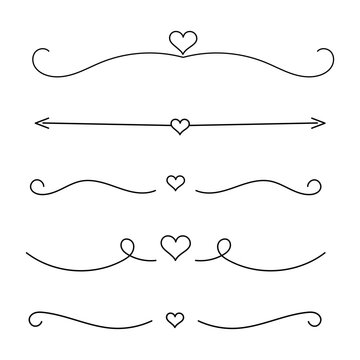 Hand Drawn Romantic Heart Divider Set with Arrows, Swirls and Decorative Flourishes for Wedding Invitations and Valentine Cards