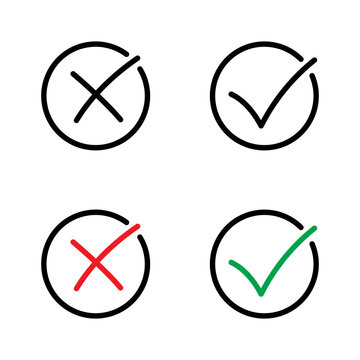 Hand Drawn Check Mark and Cross Icon Set in Black, Red and Green for Correct Answers, Approval, Rejection, Yes and No