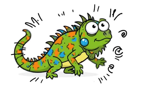 Animated cartoon iguana character showing various funny expressions