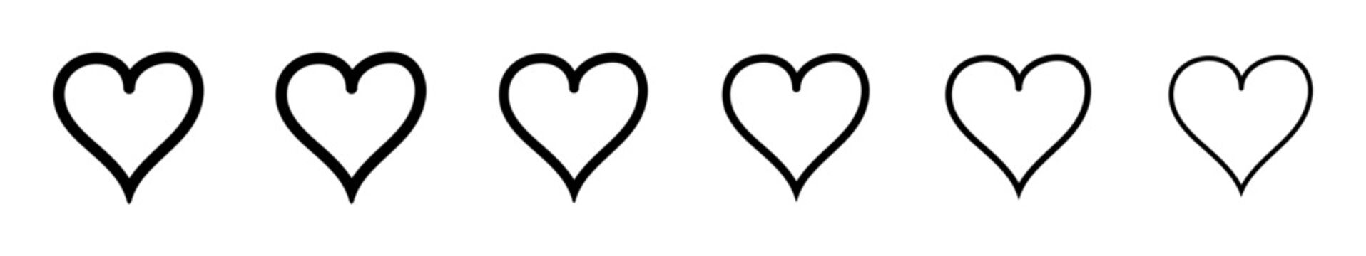 Hand Drawn Outline Heart Icon Set in Multiple Line Weights for Love, Like, Favorite, Romance and Valentine Designs