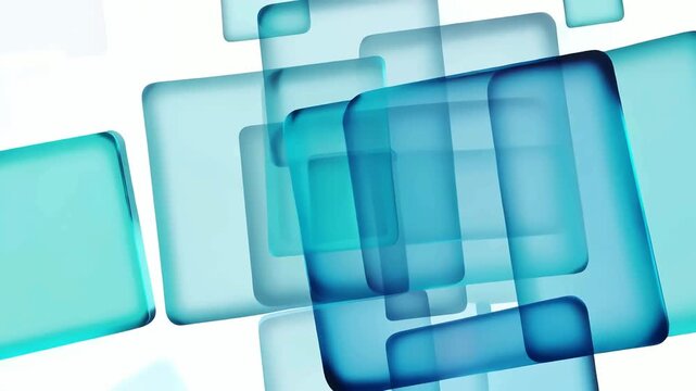 Translucent squares in teal and cyan shades float and overlap on a clean white background to create a minimalist modern graphic design with depth.