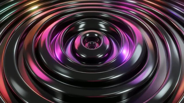 Metallic ripples with iridescent pink and purple light reflections form a mesmerizing concentric pattern on a dark glossy surface in this abstract digital rendering.
