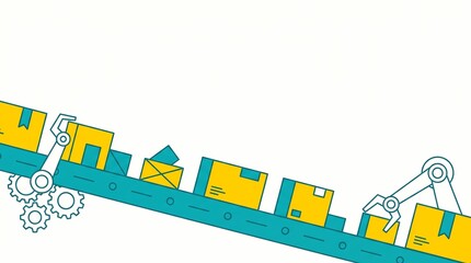 Obraz premium Automated logistics and smart factory concept showing robotic arms sorting yellow packages on a diagonal conveyor belt in a flat design graphic featuring massive top copy space. 