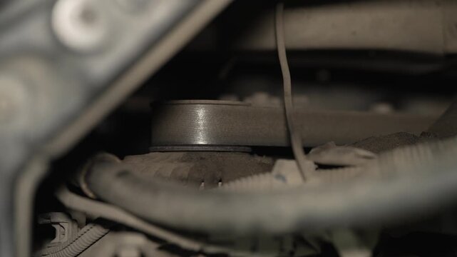 A close up of a dusty car alternator drive belt.