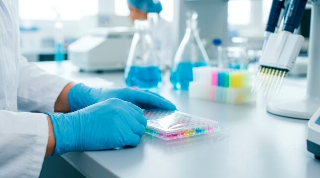 Laboratory worker sealing a microplate with transparent film to protect samples from contamination during biomedical analysis and storage.