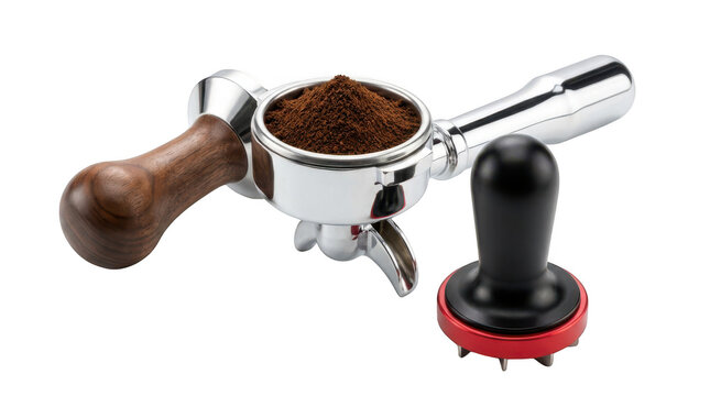 Espresso portafilter with coffee grounds and a coffee distributor tool isolated on transparent background