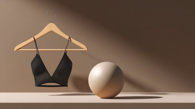 Black cutout monokini on wooden hanger with ceramic sphere, minimalist swimwear fashion concept