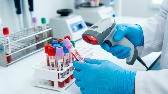 Laboratory technician scanning barcodes on medical sample tubes to verify identification and maintain accurate digital tracking records.
