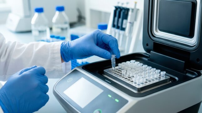 Researcher inserting sample vials into an automated laboratory analyzer for clinical testing, processing, and diagnostic measurement.