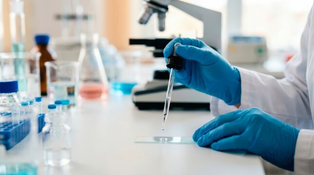 Laboratory technician using a dropper to dispense liquid into a Petri dish during precise sample preparation and microbiological research.